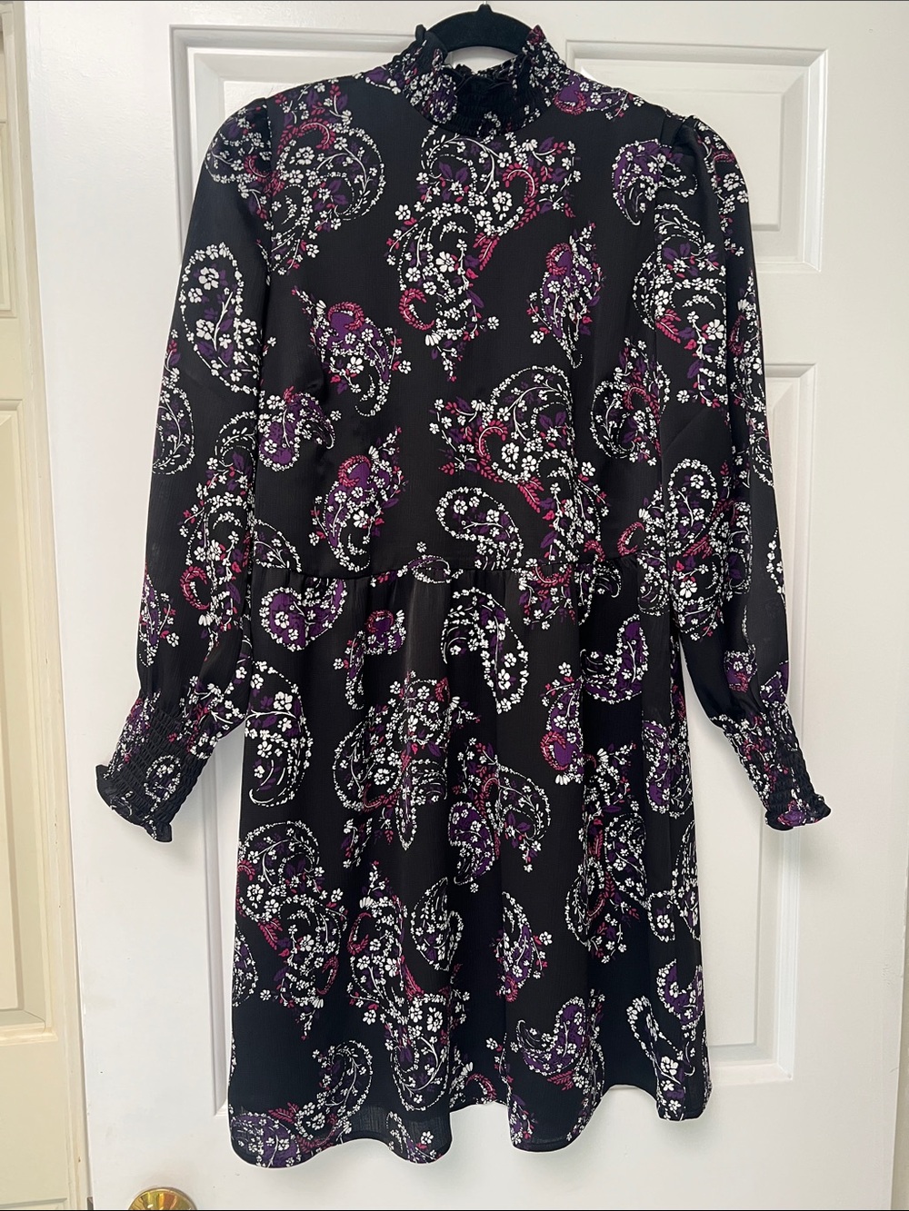 LOFT Black Long-Sleeve Paisley Dress with Purple & White Accents